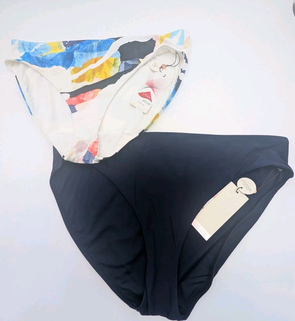 2x Calia Women's Swim Bottoms XL Wide Banded Blue/Mid Rise Collage White NWT